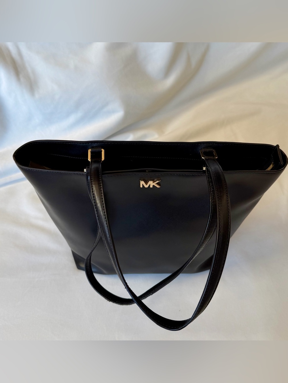Michael Kors Black Leather Tote with Gold MK Emblem - Picture 6 of 16